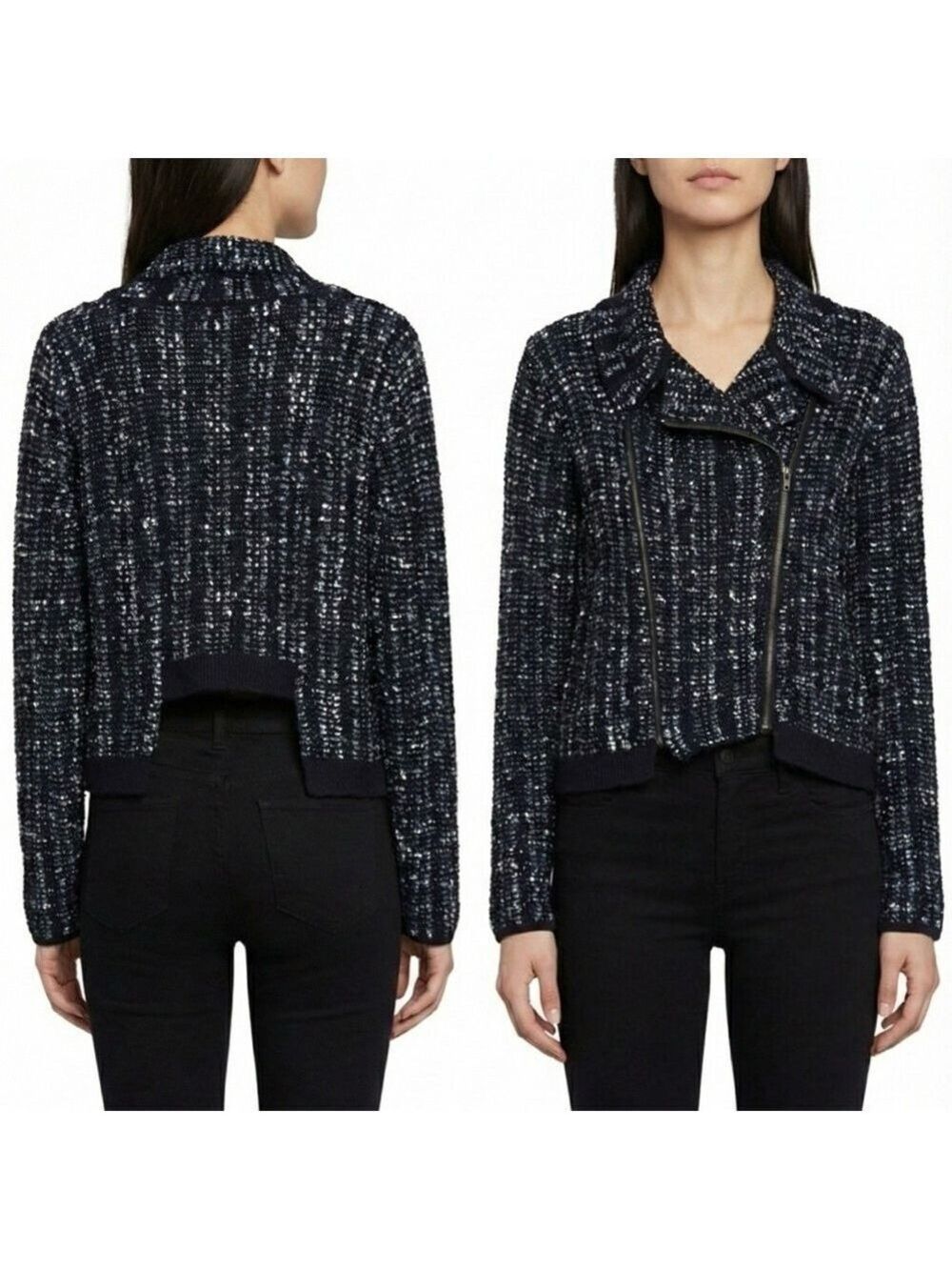 BCBGMAXAZRIA 100% Cotton Reeve Moto Cardigan Boucle Tweed Cropped Jacket Sz S